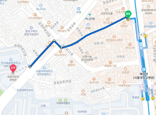 어린이과학관 찾아오는 지도: 도보로 혜화역 4번 출구에서  할리스쪽 왼쪽길로 439m이동  바이오이종장기 개발사업단연구실 앞 횡단보도 건너서  월근문까지 32m이동 하면 도착